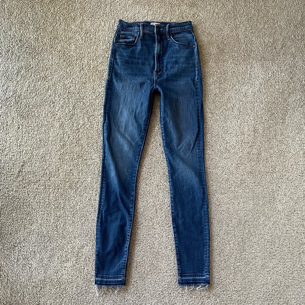 Mother high waisted rail hoover medium dark denim skinny jeans released hem 25